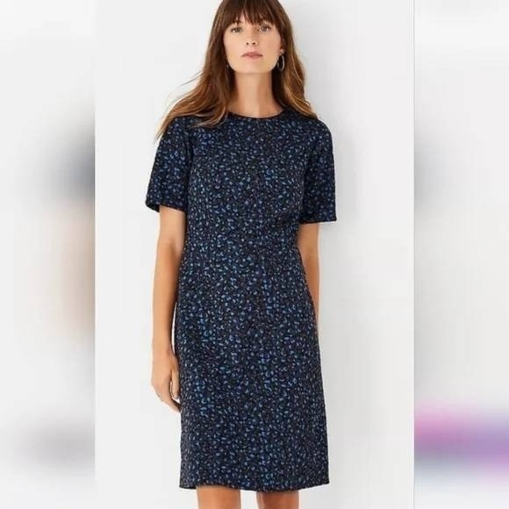 NWT Ann Taylor Women's Short Sleeve Blue Black Animal Print Sheath Dress Size 8